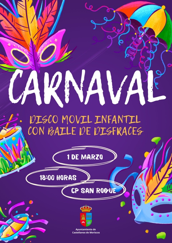 Cartel Carnaval disco movil infantil con baile de disfraces