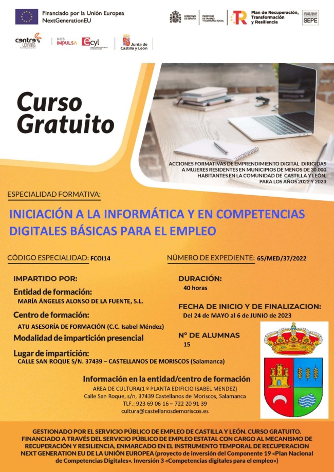 Cartel curso gratuito de iniciación a la informática y en competencias  digitales básicas para el empleo
