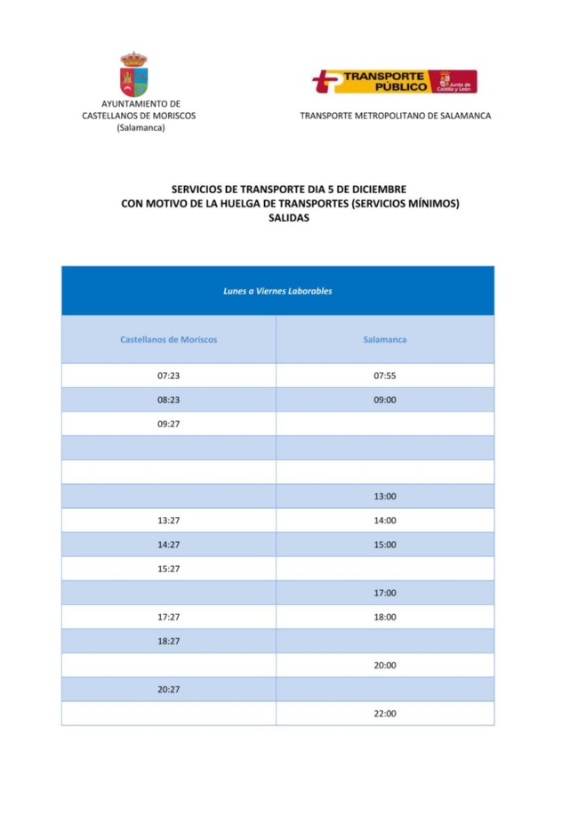 Horarios huelga 5 diciembre